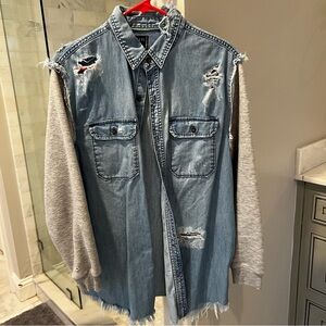 Chambray/ Sweatshirt Distressed Oversized Light Jacket